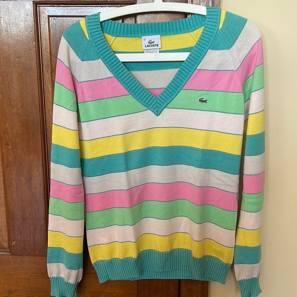 Lacoste Easter color light weight v neck cotton pullover size 40 (medium)
